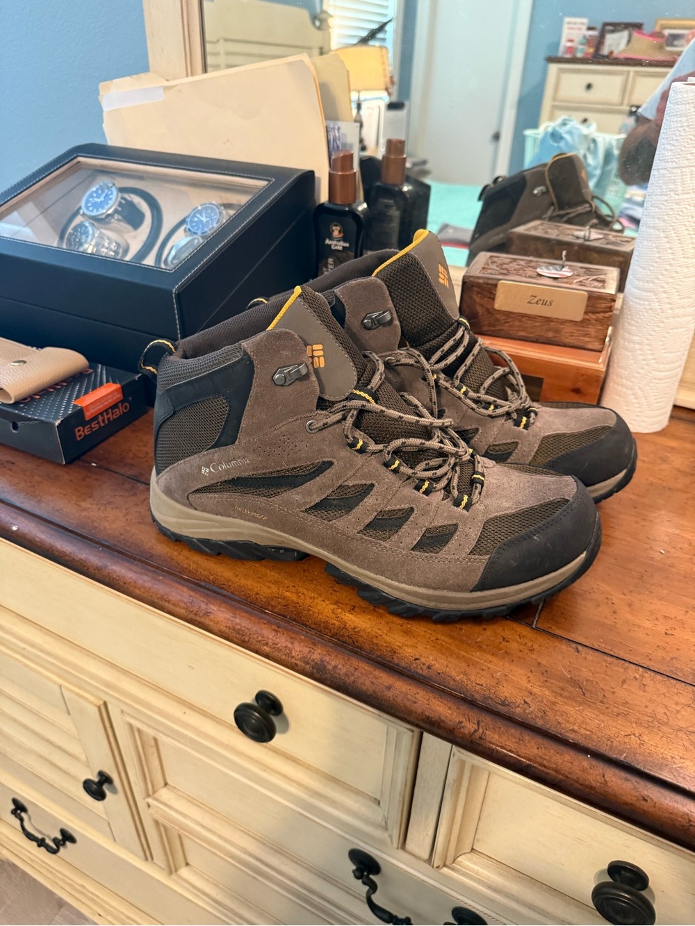 Columbia Brown and Black Waterproof Hiking Boots with Yellow Accents